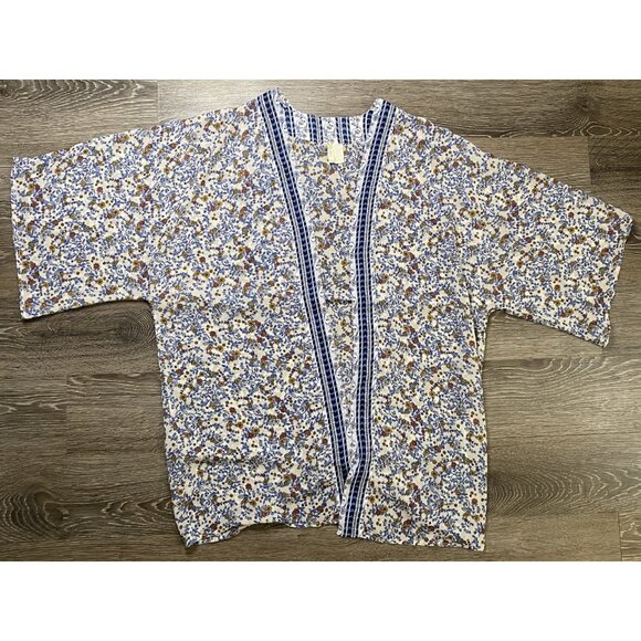 Japna Kimono Cardigan Womens L Blue Floral Boho Print Open Front Peasant Artsy - Picture 1 of 4
